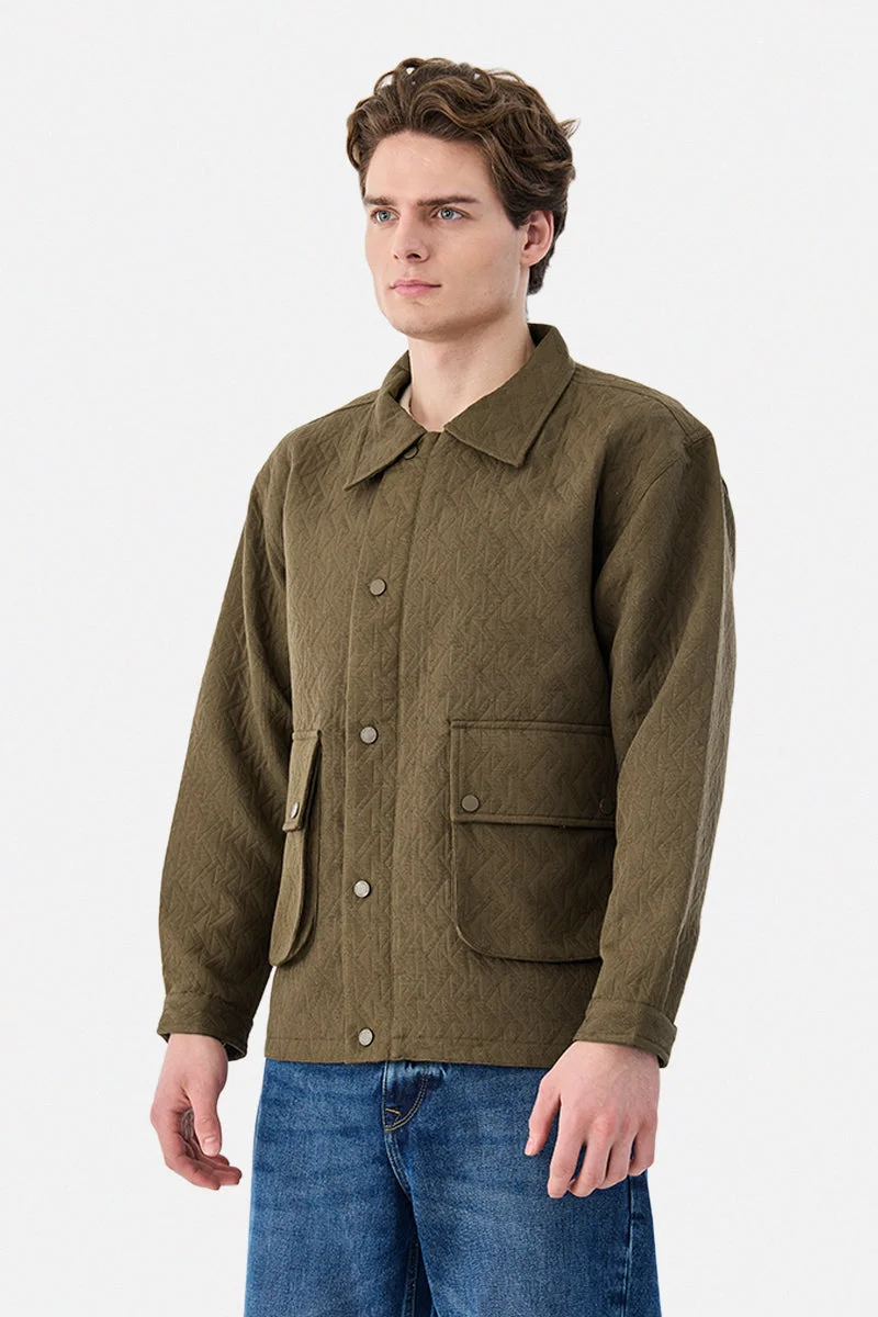 SNITCH Olive Double Pocket Snap Button Zipper Jacket for Men | Best Price UAE